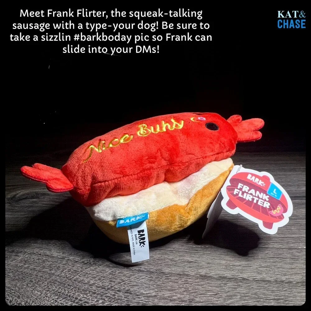 NWT Bark Box Frank Flirter L Dog Toy Large Barkyard BBQ Crinkle Squeak Hot Dog